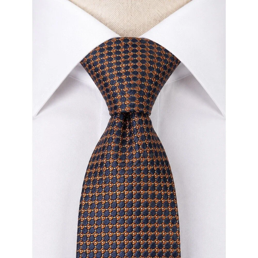 Cremieux Collection Handmade Silk Tie Navy Copper/Orange Repeating Geometric